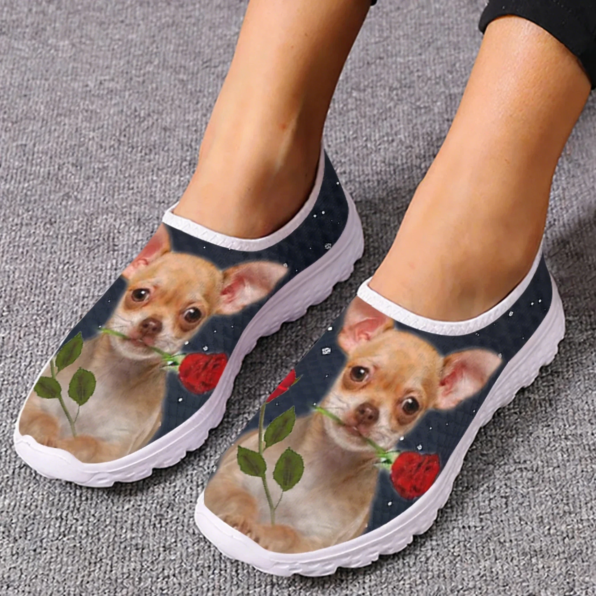 Women Shoes Tennis - Chihuahua Rose Flower Design Mesh High