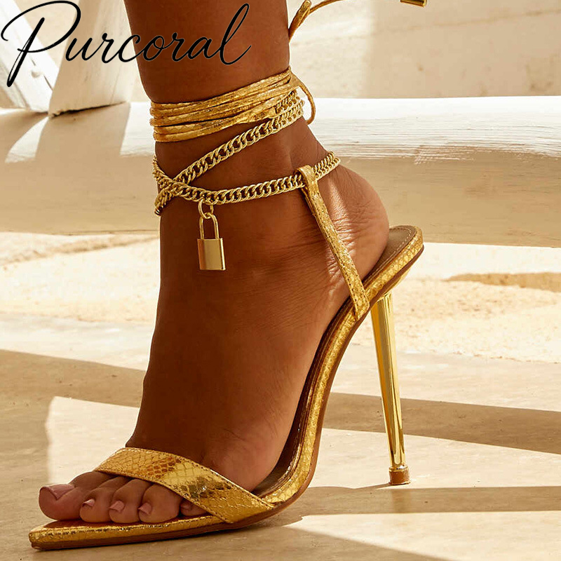 Gold Chain Sandal - Purcoral 2026 Metallic Gold Women Stiletto
