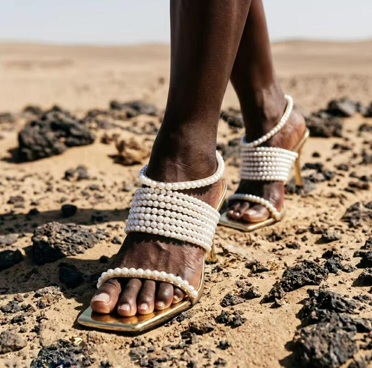 Gold Chain Sandal - Glossy Pearl Chains Straps Slingbacks Square