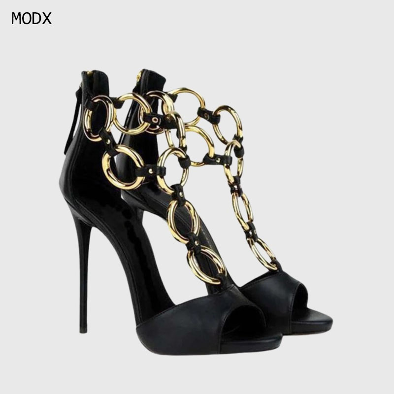 Women Black Leather Gold Chain - Gold Chain Sandal ulasan dan harga